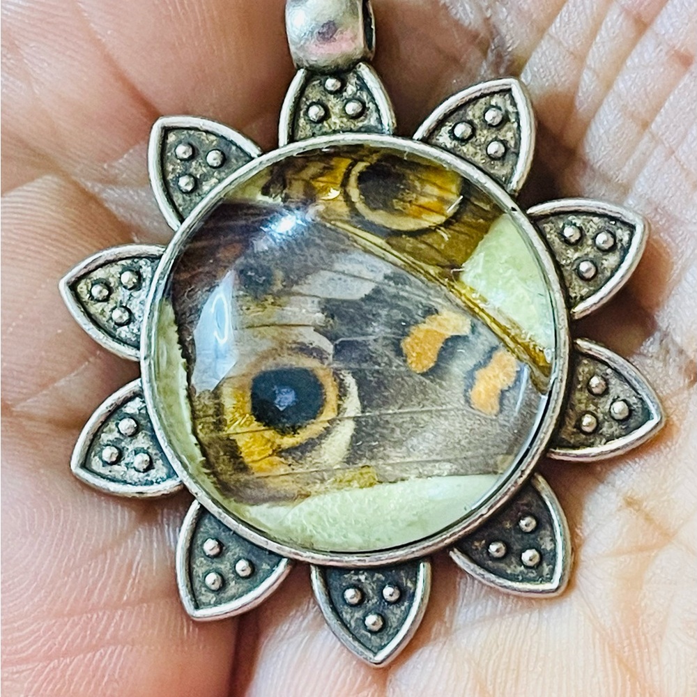 Real Preserved Buckeye Butterfly Wing Round Sunburst Pendant  - Yellow Brown
